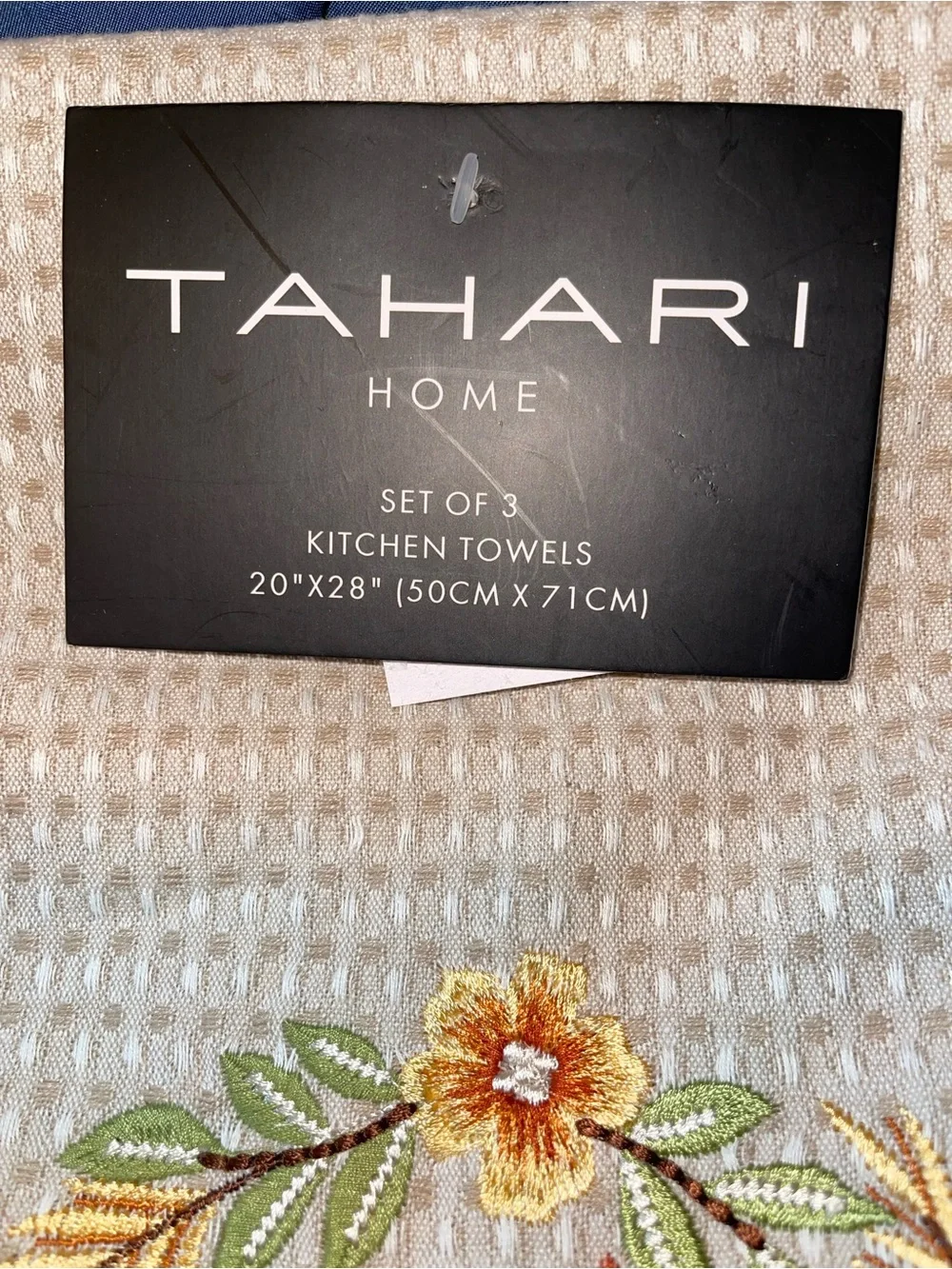 Tahari Home Set of 3 Beige Kitchen Towels with Embroidered Fox and Mushrooms